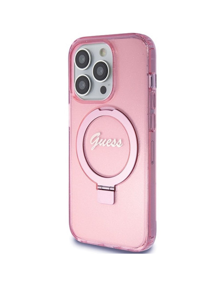 Véritable Case GUESS GUHMP15LHRSGSP pour iPhone 15 Pro (Compatible avec Magsafe / Glitter Script Logo / Ring stand / pink)