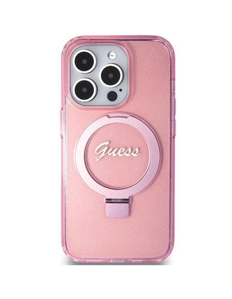 Véritable Case GUESS GUHMP15LHRSGSP pour iPhone 15 Pro (Compatible avec Magsafe / Glitter Script Logo / Ring stand / pink)
