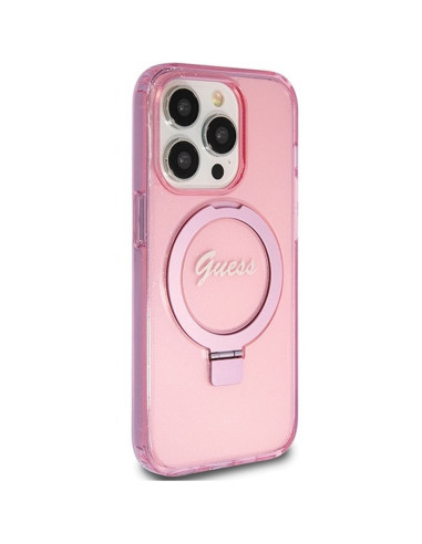 Véritable Case GUESS GUHMP15LHRSGSP pour iPhone 15 Pro (Compatible avec Magsafe / Glitter Script Logo / Ring stand / pink)
