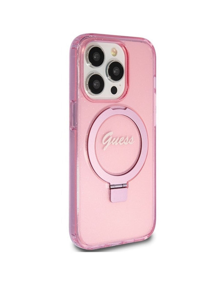 Véritable Case GUESS GUHMP15LHRSGSP pour iPhone 15 Pro (Compatible avec Magsafe / Glitter Script Logo / Ring stand / pink)