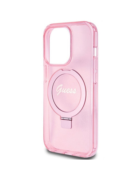 Véritable Case GUESS GUHMP15LHRSGSP pour iPhone 15 Pro (Compatible avec Magsafe / Glitter Script Logo / Ring stand / pink)