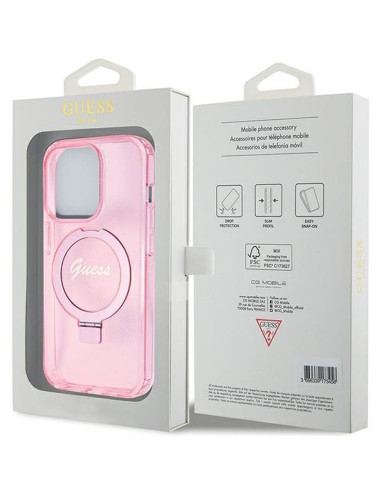 Véritable Case GUESS GUHMP15LHRSGSP pour iPhone 15 Pro (Compatible avec Magsafe / Glitter Script Logo / Ring stand / pink)