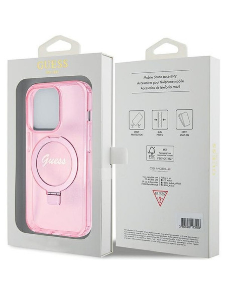 Véritable Case GUESS GUHMP15LHRSGSP pour iPhone 15 Pro (Compatible avec Magsafe / Glitter Script Logo / Ring stand / pink)