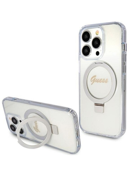 GUESS case for IPHONE 15 Pro compatible with MagSafe GUHMP15LHRSGSD (Glitter Script Logo Ring stand) transparent