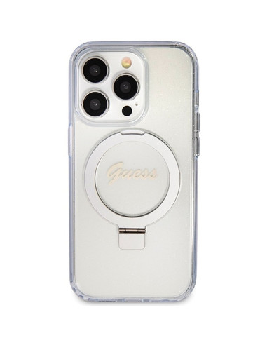 GUESS case for IPHONE 15 Pro compatible with MagSafe GUHMP15LHRSGSD (Glitter Script Logo Ring stand) transparent