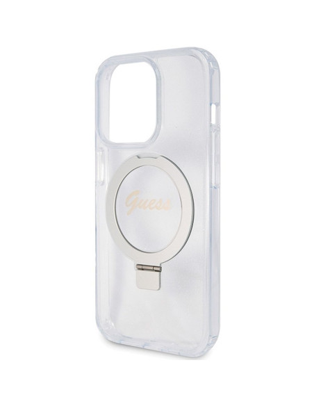 GUESS case for IPHONE 15 Pro compatible with MagSafe GUHMP15LHRSGSD (Glitter Script Logo Ring stand) transparent