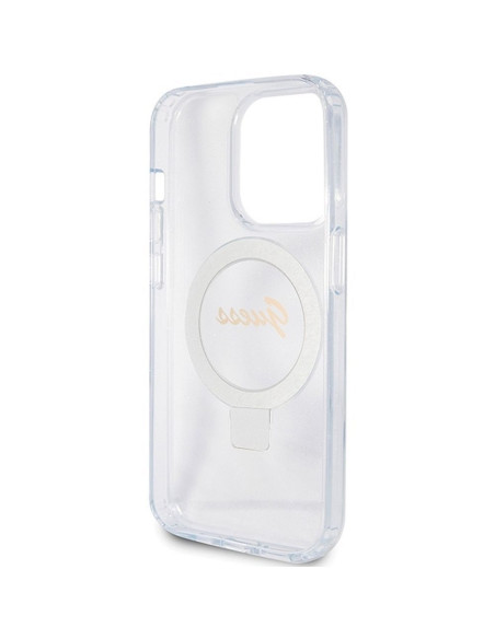 GUESS case for IPHONE 15 Pro compatible with MagSafe GUHMP15LHRSGSD (Glitter Script Logo Ring stand) transparent