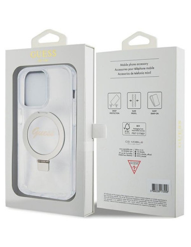 GUESS case for IPHONE 15 Pro compatible with MagSafe GUHMP15LHRSGSD (Glitter Script Logo Ring stand) transparent