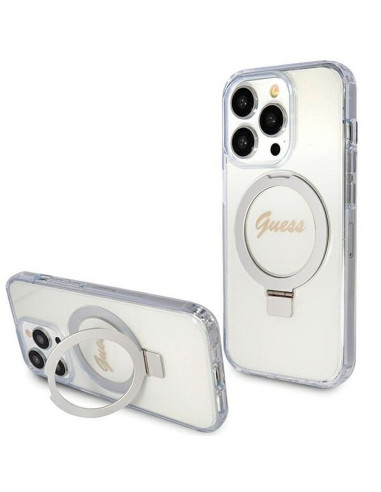 Véritable Case GUESS GUHMP15XHRSGSD pour iPhone 15 Pro Max (Compatible avec Magsafe / Glitter Script Logo / Ring stand / transpa