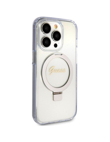 Véritable Case GUESS GUHMP15XHRSGSD pour iPhone 15 Pro Max (Compatible avec Magsafe / Glitter Script Logo / Ring stand / transpa