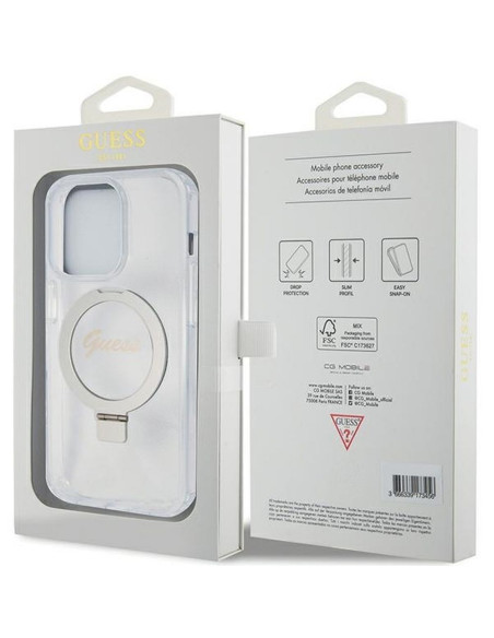 Véritable Case GUESS GUHMP15XHRSGSD pour iPhone 15 Pro Max (Compatible avec Magsafe / Glitter Script Logo / Ring stand / transpa