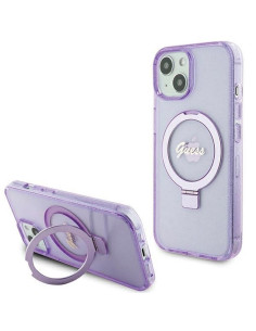 Véritable GUESS Case GUHMP15SHRSGSU pour iPhone 15 (Compatible avec Magsafe / Glitter Script Logo / Ring stand / violet)