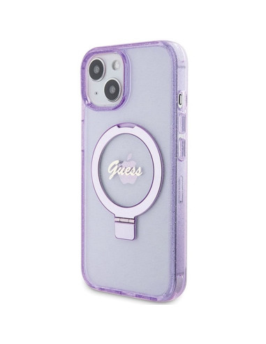 Véritable GUESS Case GUHMP15SHRSGSU pour iPhone 15 (Compatible avec Magsafe / Glitter Script Logo / Ring stand / violet)
