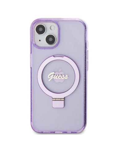 Véritable GUESS Case GUHMP15SHRSGSU pour iPhone 15 (Compatible avec Magsafe / Glitter Script Logo / Ring stand / violet)