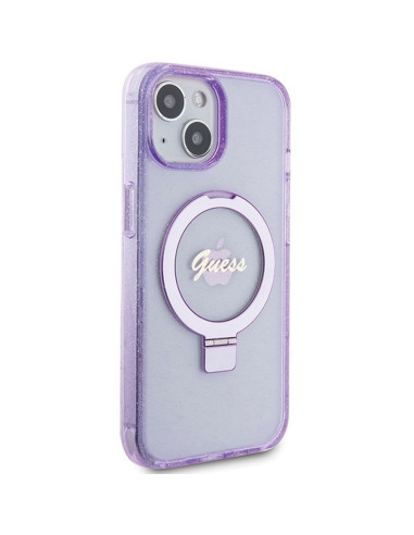 Véritable GUESS Case GUHMP15SHRSGSU pour iPhone 15 (Compatible avec Magsafe / Glitter Script Logo / Ring stand / violet)