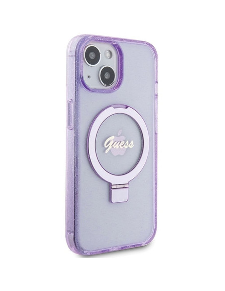 Véritable GUESS Case GUHMP15SHRSGSU pour iPhone 15 (Compatible avec Magsafe / Glitter Script Logo / Ring stand / violet)
