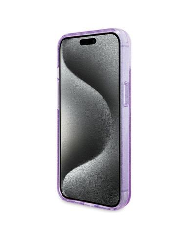 Véritable GUESS Case GUHMP15SHRSGSU pour iPhone 15 (Compatible avec Magsafe / Glitter Script Logo / Ring stand / violet)