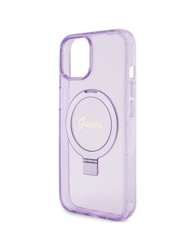 Véritable GUESS Case GUHMP15SHRSGSU pour iPhone 15 (Compatible avec Magsafe / Glitter Script Logo / Ring stand / violet)