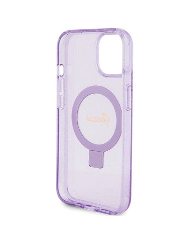 Véritable GUESS Case GUHMP15SHRSGSU pour iPhone 15 (Compatible avec Magsafe / Glitter Script Logo / Ring stand / violet)