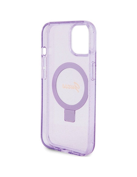 Véritable GUESS Case GUHMP15SHRSGSU pour iPhone 15 (Compatible avec Magsafe / Glitter Script Logo / Ring stand / violet)