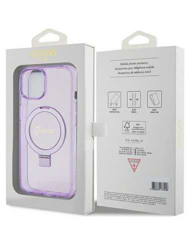 Véritable GUESS Case GUHMP15SHRSGSU pour iPhone 15 (Compatible avec Magsafe / Glitter Script Logo / Ring stand / violet)