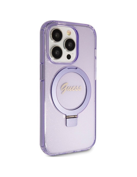 Véritable GUESS Case GUHMP15LHRSGSU pour iPhone 15 Pro (Compatible avec Magsafe / Glitter Script Logo / Ring stand / violet)