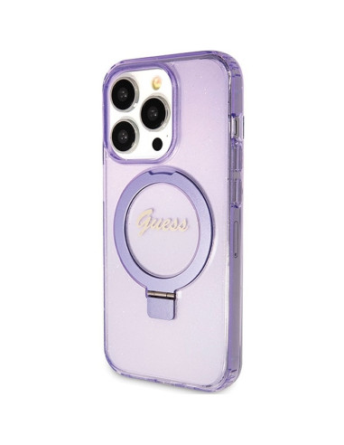 Véritable Case GUESS GUHMP15XHRSGSU pour iPhone 15 Pro Max (Compatible avec Magsafe / Glitter Script Logo / Ring stand / violet)