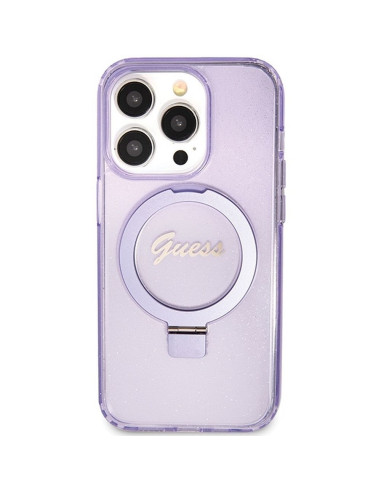 Véritable Case GUESS GUHMP15XHRSGSU pour iPhone 15 Pro Max (Compatible avec Magsafe / Glitter Script Logo / Ring stand / violet)