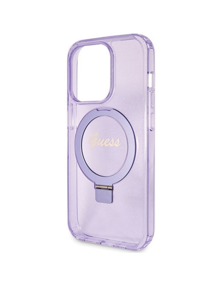 Véritable Case GUESS GUHMP15XHRSGSU pour iPhone 15 Pro Max (Compatible avec Magsafe / Glitter Script Logo / Ring stand / violet)