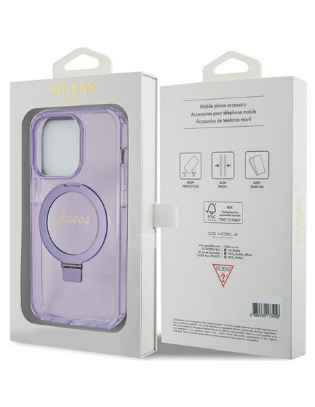 Véritable Case GUESS GUHMP15XHRSGSU pour iPhone 15 Pro Max (Compatible avec Magsafe / Glitter Script Logo / Ring stand / violet)