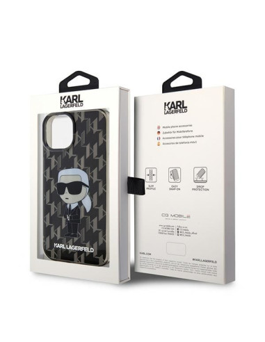 Véritable KARL LAGERFELD Case KLHCP15SHNKMKLK pour iPhone 15 (Iconic Monogram / noir)