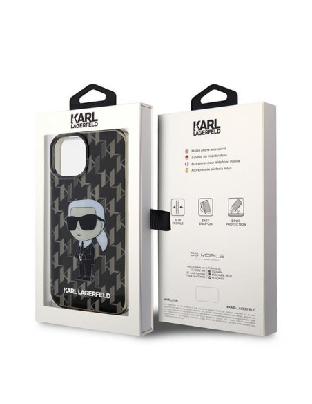 Véritable KARL LAGERFELD Case KLHCP15SHNKMKLK pour iPhone 15 (Iconic Monogram / noir)