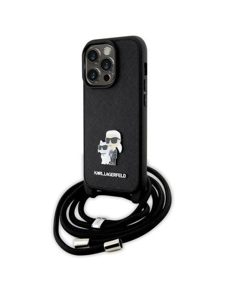Véritable KARL LAGERFELD Case KLHCP14LSAKCPSK pour iPhone 14 Pro (Saffiano KC Metal PIN Crossbody / noir)