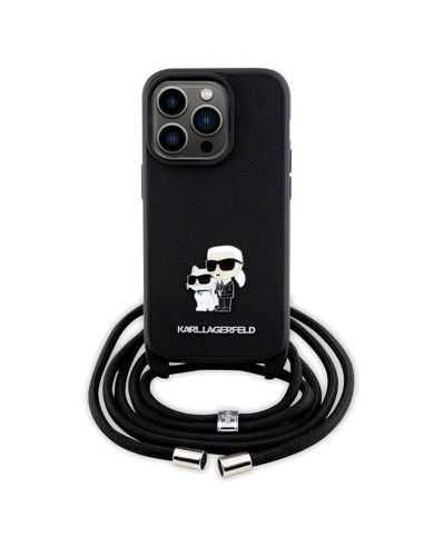 Véritable KARL LAGERFELD Case KLHCP14LSAKCPSK pour iPhone 14 Pro (Saffiano KC Metal PIN Crossbody / noir)