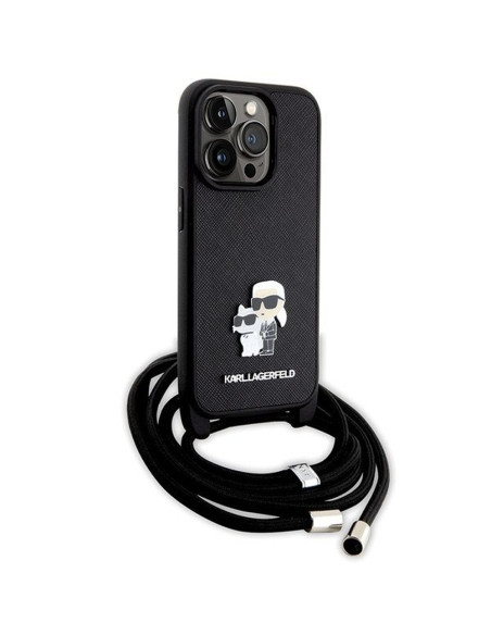 Véritable KARL LAGERFELD Case KLHCP14LSAKCPSK pour iPhone 14 Pro (Saffiano KC Metal PIN Crossbody / noir)