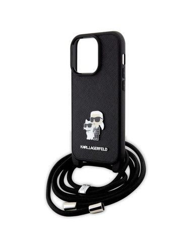 Véritable KARL LAGERFELD Case KLHCP14LSAKCPSK pour iPhone 14 Pro (Saffiano KC Metal PIN Crossbody / noir)