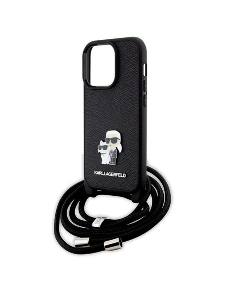 Véritable KARL LAGERFELD Case KLHCP14LSAKCPSK pour iPhone 14 Pro (Saffiano KC Metal PIN Crossbody / noir)