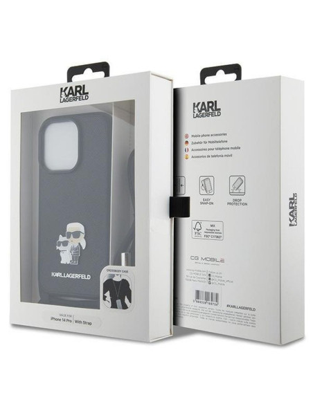 Véritable KARL LAGERFELD Case KLHCP14LSAKCPSK pour iPhone 14 Pro (Saffiano KC Metal PIN Crossbody / noir)