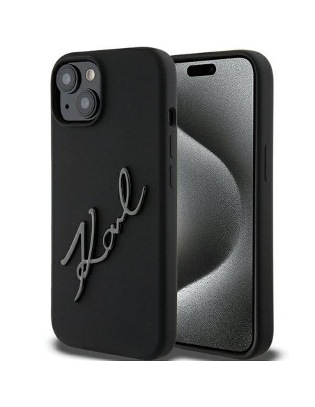 Véritable KARL LAGERFELD Case KLHCP15SSKSBMCK pour iPhone 15 (Silicone Karl Script Logo / Black)