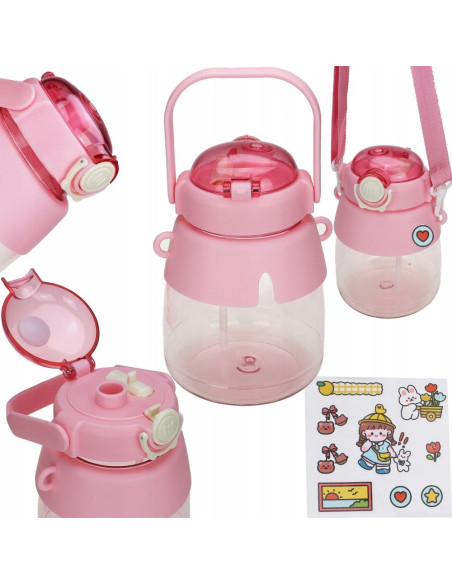 Gourde/bouteille avec paille et cordon pour enfants 1L RC-K-189 rose