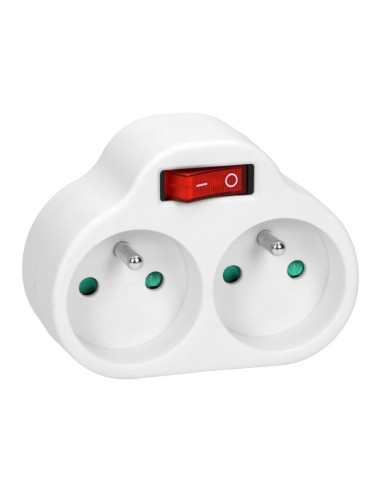 Power splitter with 2 round sockets and a central switch, white (OR-AE-13187)