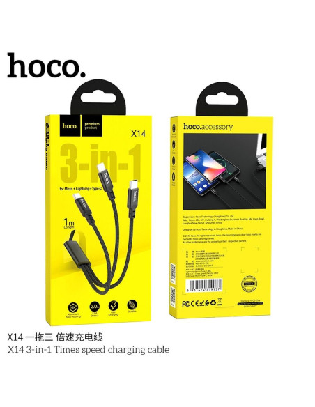 HOCO cable USB cable speed 3en1 Type C + Lightning 8-pin + Micro X14 TIMES noir