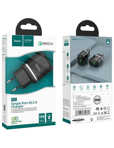 HOCO chargeur secteur USB 3A QC3.0 Fast Charge Special Single Port N3 cnoir