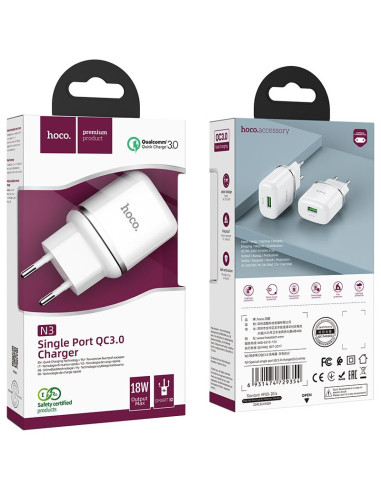 HOCO chargeur secteur USB 3A QC3.0 Fast Charge Special Single Port N3 blanc