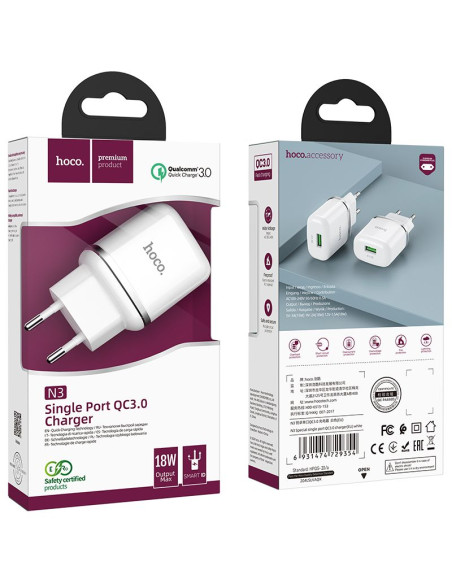 HOCO chargeur secteur USB 3A QC3.0 Fast Charge Special Single Port N3 blanc