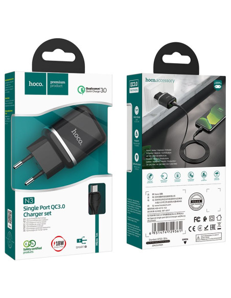 HOCO chargeur secteur USB 3A QC3.0 Fast Charge Special Single Port avec cable Micro N3 noir