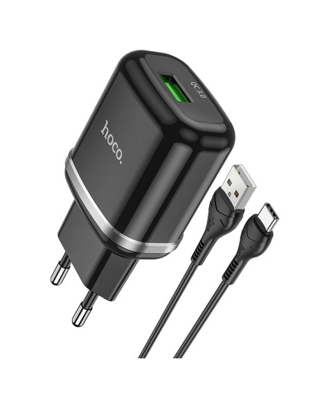 HOCO chargeur secteur USB 3A QC3.0 Fast Charge Special Single Port avec cableType C N3 noir