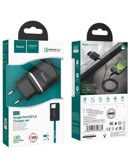 HOCO chargeur secteur USB 3A QC3.0 Fast Charge Special Single Port avec cableType C N3 noir