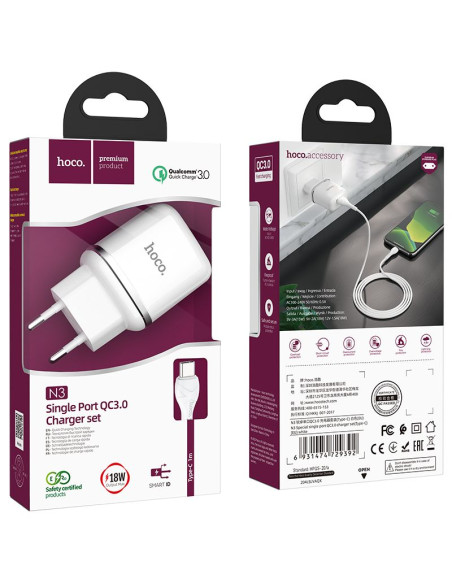 HOCO chargeur secteur USB 3A QC3.0 Fast Charge Special Single Port avec cable Type C N3 blanc