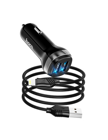 HOCO chargeur de voiture 2 x USB A + câble USB A vers Lightning 2,4A Z40 noir